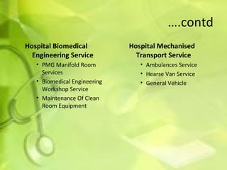 … .contd Hospital Mechanised Transport Service Ambulances Service Hearse Van Service General Vehicle Hospital Biomedical Engineering Service PMG Manifold Room Services Biomedical Engineering Workshop Service Maintenance Of Clean Room Equipment 