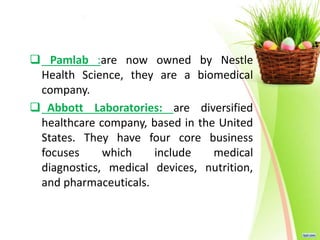  Pamlab :are now owned by Nestle
Health Science, they are a biomedical
company.
 Abbott Laboratories: are diversified
healthcare company, based in the United
States. They have four core business
focuses which include medical
diagnostics, medical devices, nutrition,
and pharmaceuticals.
 