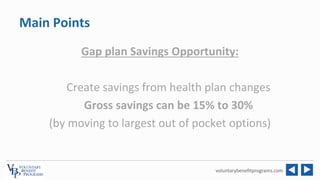 voluntarybenefitprograms.com
Main Points
Gap plan Savings Opportunity:
Create savings from health plan changes
Gross savin...