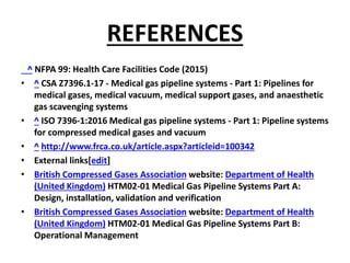 REFERENCES
^ NFPA 99: Health Care Facilities Code (2015)
• ^ CSA Z7396.1-17 - Medical gas pipeline systems - Part 1: Pipelines for
medical gases, medical vacuum, medical support gases, and anaesthetic
gas scavenging systems
• ^ ISO 7396-1:2016 Medical gas pipeline systems - Part 1: Pipeline systems
for compressed medical gases and vacuum
• ^ http://www.frca.co.uk/article.aspx?articleid=100342
• External links[edit]
• British Compressed Gases Association website: Department of Health
(United Kingdom) HTM02-01 Medical Gas Pipeline Systems Part A:
Design, installation, validation and verification
• British Compressed Gases Association website: Department of Health
(United Kingdom) HTM02-01 Medical Gas Pipeline Systems Part B:
Operational Management
 