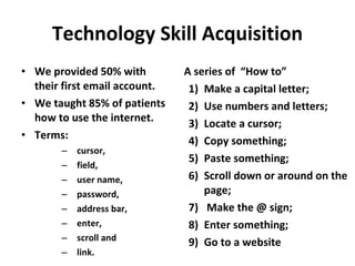 Technology Skill Acquisition We provided 50% with their first email account.  We taught 85% of patients how to use the internet.  Terms:  cursor,  field,  user name,  password,  address bar,  enter,  scroll and  link.  A series of  “How to” Make a capital letter;  Use numbers and letters; Locate a cursor;  Copy something;  Paste something;  Scroll down or around on the page; Make the @ sign;  Enter something;  Go to a website  