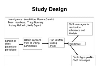 Study Design Investigators: Joan Hilton, Monica Gandhi Team members:  Tracy Nunnery Lindsay Halperin, Kelly Bryant Screen all clinic patients to participate Obtain consent from all willing participants Control group—No SMS messages SMS messages for medication adherence and lifestyle Randomize Run in SMS texting check 