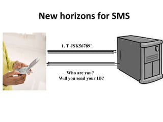 New horizons for SMS Help What would you like us to do? Make or change a visit? Refill meds or list my meds? Check labs? Receive advice now? Get a call back? 3. Check Labs What labs? T-cells HIV Viral load Liver studies Cholesterol studies Diabetes labs 1. T-cells Your last 3 T-cells were: 520 on September 24, 2010 310 on March 15, 2010 421 on November 1, 2009 Who are you?  Will you send your ID? JSK56789! 