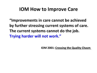 IOM How to Improve Care “ Improvements in care cannot be achieved by further stressing current systems of care.  The current systems cannot do the job.  Trying harder will not work.” IOM 2001:  Crossing the Quality Chasm  