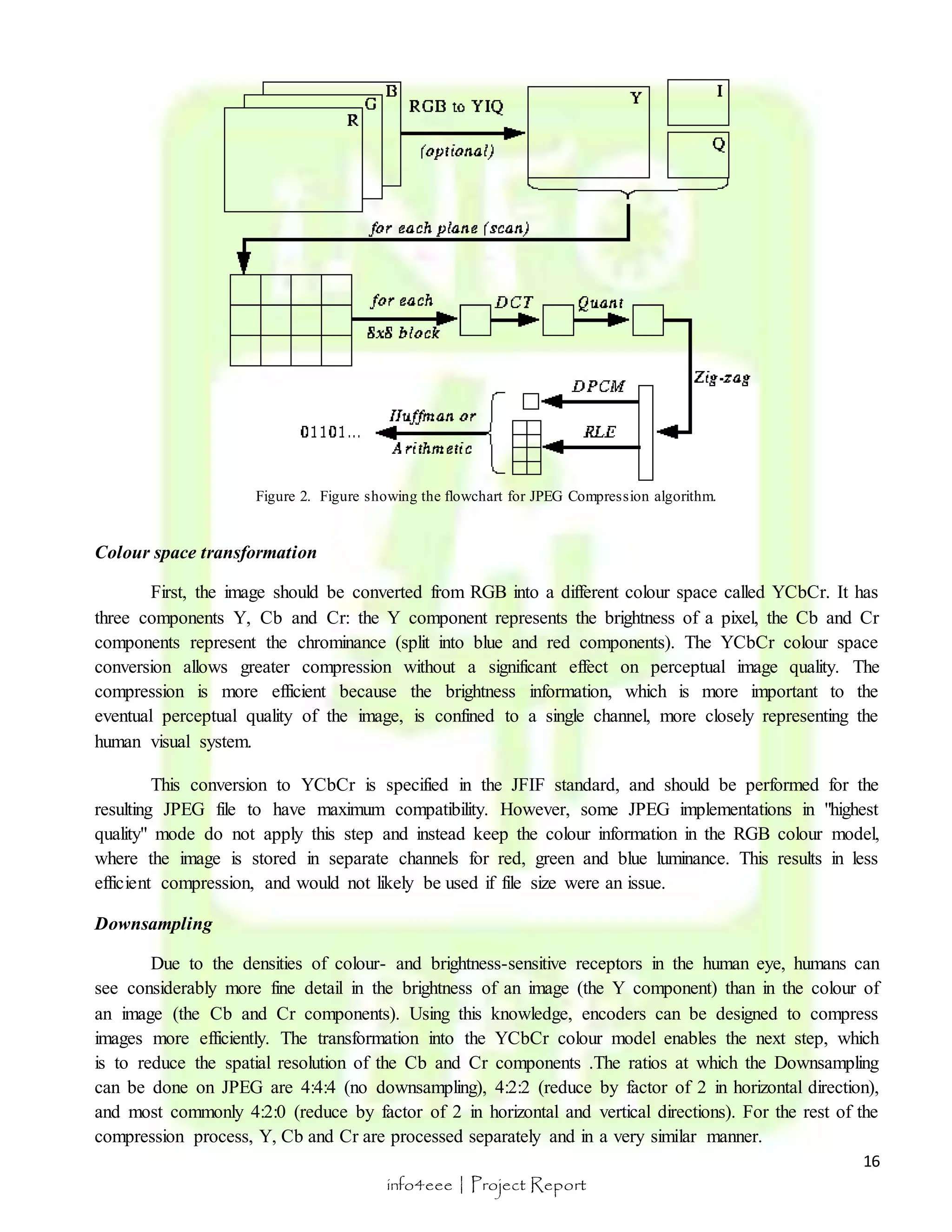 16 
Figure 2. Figure showing the flowchart for JPEG Compression algorithm. 
info4eee | Project Report 
Colour space transformation 
First, the image should be converted from RGB into a different colour space called YCbCr. It has 
three components Y, Cb and Cr: the Y component represents the brightness of a pixel, the Cb and Cr 
components represent the chrominance (split into blue and red components). The YCbCr colour space 
conversion allows greater compression without a significant effect on perceptual image quality. The 
compression is more efficient because the brightness information, which is more important to the 
eventual perceptual quality of the image, is confined to a single channel, more closely representing the 
human visual system. 
This conversion to YCbCr is specified in the JFIF standard, and should be performed for the 
resulting JPEG file to have maximum compatibility. However, some JPEG implementations in "highest 
quality" mode do not apply this step and instead keep the colour information in the RGB colour model, 
where the image is stored in separate channels for red, green and blue luminance. This results in less 
efficient compression, and would not likely be used if file size were an issue. 
Downsampling 
Due to the densities of colour- and brightness-sensitive receptors in the human eye, humans can 
see considerably more fine detail in the brightness of an image (the Y component) than in the colour of 
an image (the Cb and Cr components). Using this knowledge, encoders can be designed to compress 
images more efficiently. The transformation into the YCbCr colour model enables the next step, which 
is to reduce the spatial resolution of the Cb and Cr components .The ratios at which the Downsampling 
can be done on JPEG are 4:4:4 (no downsampling), 4:2:2 (reduce by factor of 2 in horizontal direction), 
and most commonly 4:2:0 (reduce by factor of 2 in horizontal and vertical directions). For the rest of the 
compression process, Y, Cb and Cr are processed separately and in a very similar manner. 
 