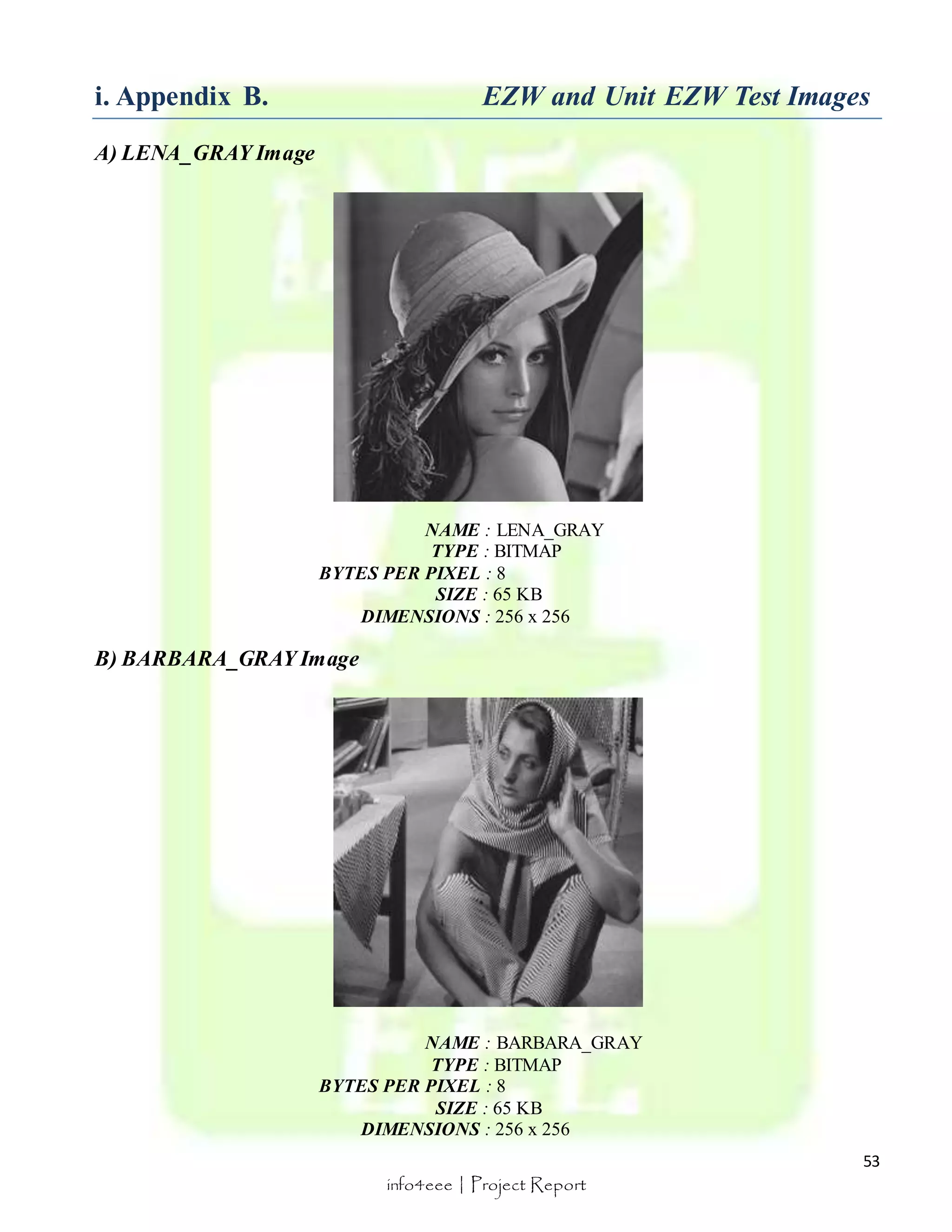 i. Appendix B. EZW and Unit EZW Test Images 
53 
info4eee | Project Report 
A) LENA_GRAY Image 
NAME : LENA_GRAY 
TYPE : BITMAP 
BYTES PER PIXEL : 8 
SIZE : 65 KB 
DIMENSIONS : 256 x 256 
B) BARBARA_GRAY Image 
NAME : BARBARA_GRAY 
TYPE : BITMAP 
BYTES PER PIXEL : 8 
SIZE : 65 KB 
DIMENSIONS : 256 x 256 
 
