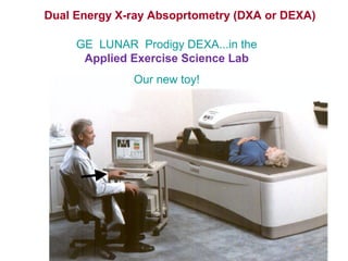Dual Energy X-ray Absoprtometry (DXA or DEXA)
GE LUNAR Prodigy DEXA...in the
Applied Exercise Science Lab
Our new toy!
 