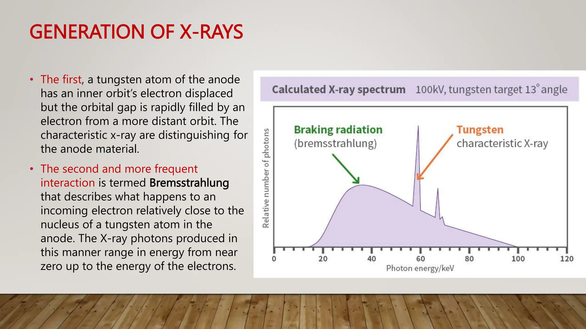 GENERATION OF X-RAYS
• The first, a tungsten atom of the anode
has an inner orbit’s electron displaced
but the orbital gap is rapidly filled by an
electron from a more distant orbit. The
characteristic x-ray are distinguishing for
the anode material.
• The second and more frequent
interaction is termed Bremsstrahlung
that describes what happens to an
incoming electron relatively close to the
nucleus of a tungsten atom in the
anode. The X-ray photons produced in
this manner range in energy from near
zero up to the energy of the electrons.
 