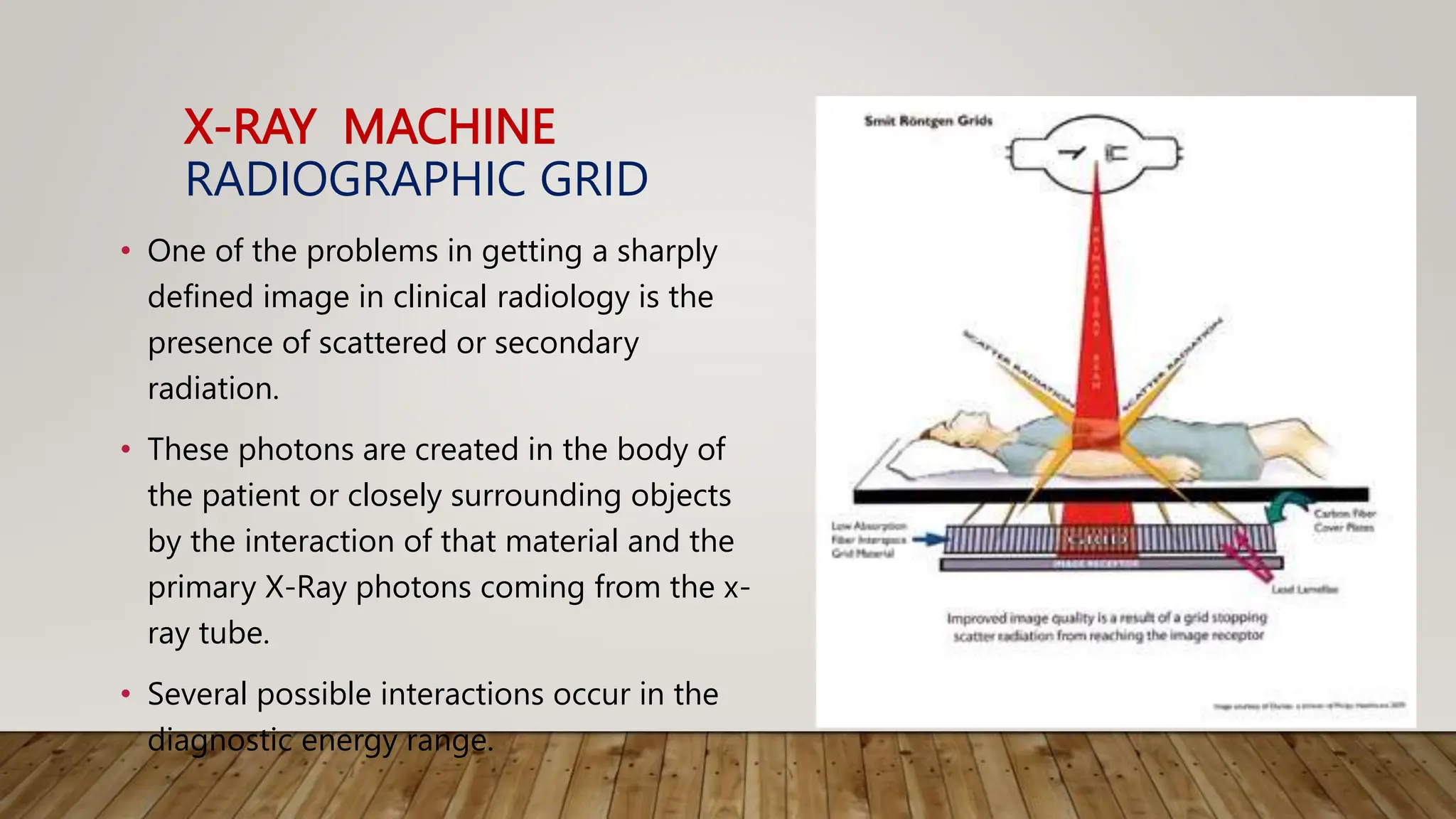 X-RAY MACHINE
RADIOGRAPHIC GRID
• One of the problems in getting a sharply
defined image in clinical radiology is the
presence of scattered or secondary
radiation.
• These photons are created in the body of
the patient or closely surrounding objects
by the interaction of that material and the
primary X-Ray photons coming from the x-
ray tube.
• Several possible interactions occur in the
diagnostic energy range.
 