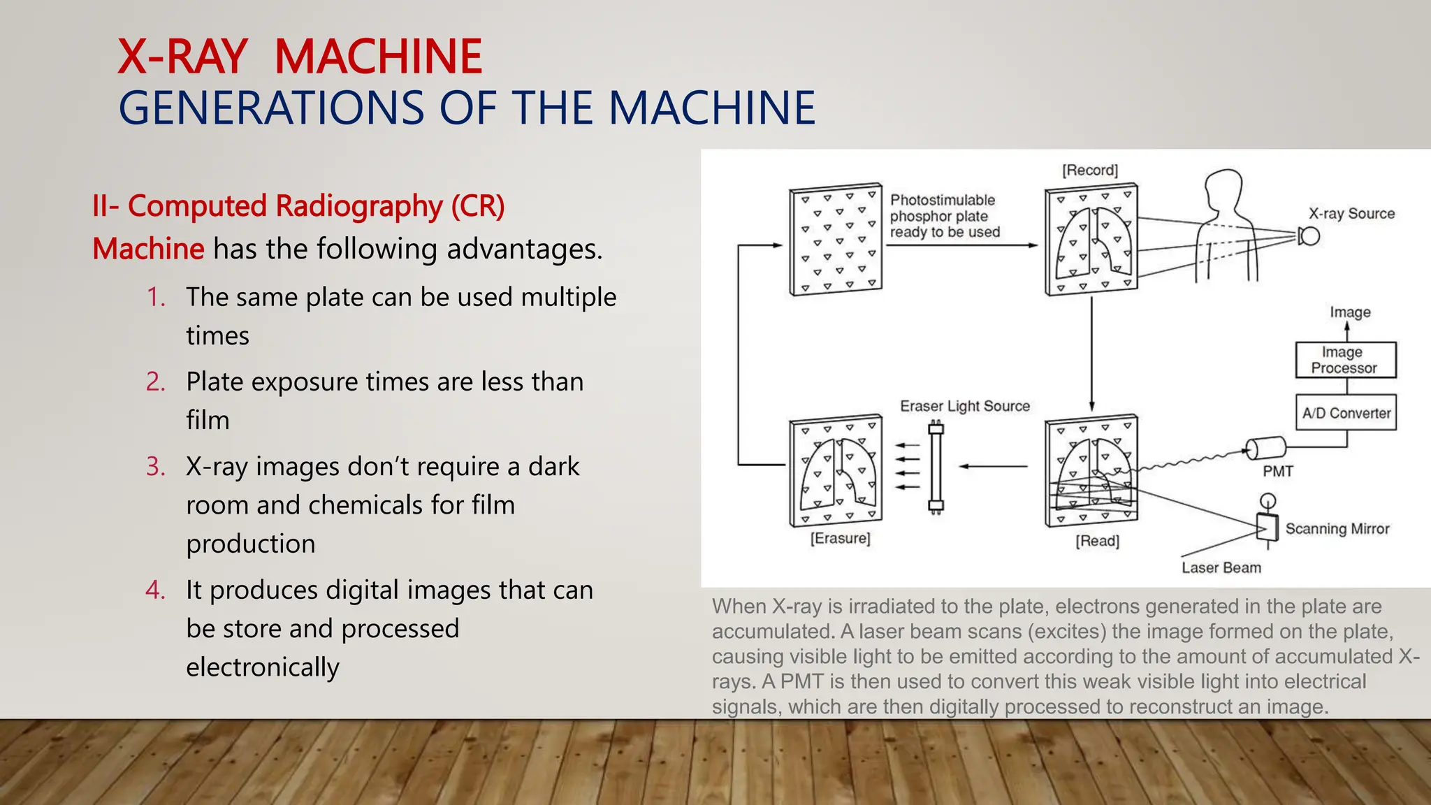 X-RAY MACHINE
GENERATIONS OF THE MACHINE
II- Computed Radiography (CR)
Machine has the following advantages.
1. The same plate can be used multiple
times
2. Plate exposure times are less than
film
3. X-ray images don’t require a dark
room and chemicals for film
production
4. It produces digital images that can
be store and processed
electronically
When X-ray is irradiated to the plate, electrons generated in the plate are
accumulated. A laser beam scans (excites) the image formed on the plate,
causing visible light to be emitted according to the amount of accumulated X-
rays. A PMT is then used to convert this weak visible light into electrical
signals, which are then digitally processed to reconstruct an image.
 