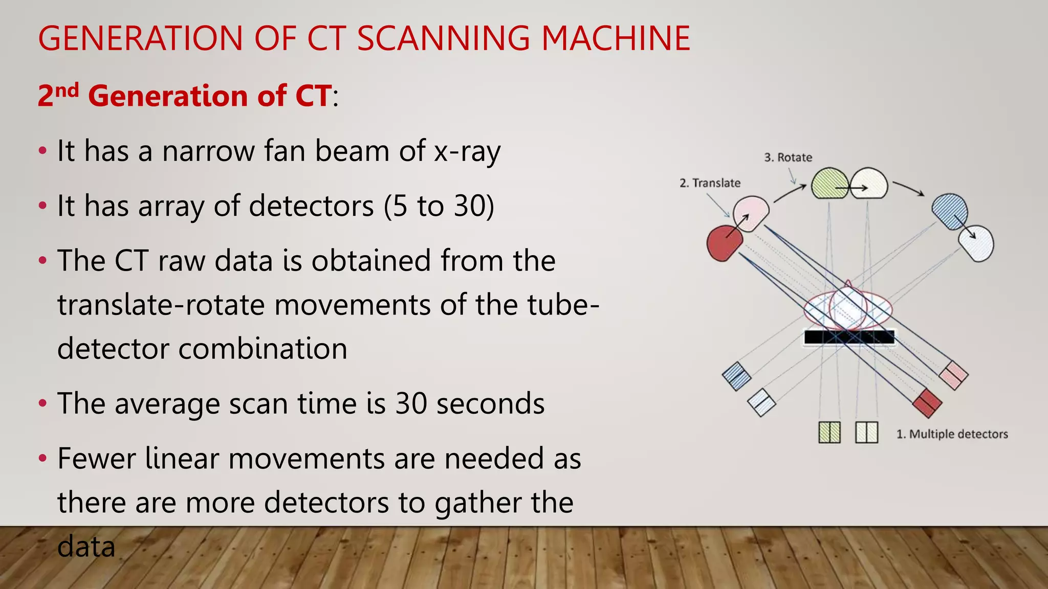 GENERATION OF CT SCANNING MACHINE
2nd Generation of CT:
• It has a narrow fan beam of x-ray
• It has array of detectors (5 to 30)
• The CT raw data is obtained from the
translate-rotate movements of the tube-
detector combination
• The average scan time is 30 seconds
• Fewer linear movements are needed as
there are more detectors to gather the
data
 
