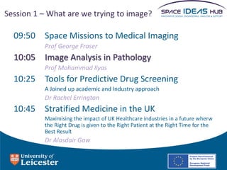 Session 1 – What are we trying to image?

  09:50 Space Missions to Medical Imaging
          Prof George Fraser
  10:05 Image Analysis in Pathology
          Prof Mohammad Ilyas
  10:25 Tools for Predictive Drug Screening
          A Joined up academic and Industry approach
          Dr Rachel Errington
  10:45 Stratified Medicine in the UK
          Maximising the impact of UK Healthcare industries in a future wherw
          the Right Drug is given to the Right Patient at the Right Time for the
          Best Result
          Dr Alasdair Gaw
 