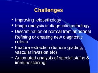 Challenges
• Improving telepathology
• Image analysis in diagnostic pathology:
- Discrimination of normal from abnormal
- Refining or creating new diagnostic
    criteria
-   Feature extraction (tumour grading,
    vascular invasion etc)
-   Automated analysis of special stains &
    immunostaining
 
