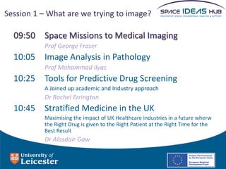 Session 1 – What are we trying to image?

  09:50 Space Missions to Medical Imaging
          Prof George Fraser
  10:05 Image Analysis in Pathology
          Prof Mohammad Ilyas
  10:25 Tools for Predictive Drug Screening
          A Joined up academic and Industry approach
          Dr Rachel Errington
  10:45 Stratified Medicine in the UK
          Maximising the impact of UK Healthcare industries in a future wherw
          the Right Drug is given to the Right Patient at the Right Time for the
          Best Result
          Dr Alasdair Gaw
 