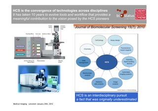 HCS is the convergence of technologies across disciplines
It has taken 10 years to evolve tools and workflow that provides a
meaningful contribution to the vision posed by the HCS pioneers

                                                 Journal of Biomolecular Screening 15(7); 2010




                                                 HCS is an interdisciplinary pursuit
                                                 a fact that was originally underestimated
Medical Imaging – Leicester January 24th, 2012
 