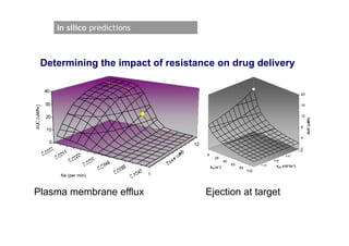 In silico predictions



 Determining the impact of resistance on drug delivery

                                                                                                                       20


                                                                                                                       16


                                                                                                                       12




                                                                                                                            AUC (Mh)
                                                                                                                       8


                                                                                                                       4


                                                                                                                   0
                                                                                                                 1.14
                                   9                                                                               1.1
                                                                                                   4.67                4    E-
                                          28                                                        4 .5                      03
                                                   46                                   8.00               7E
                                                        65                               8 .0                   -0 3
                                       kdl (s-1)
                                                                        11.43                  0 x10
                                                                                             kdh E -3(s-1)
                                                             84           1 .1                   -0 3
                                                                  102            4E
                                                                                      -0 2




Plasma membrane efflux             Ejection at target
 