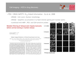Cell imaging – HCS in drug discovery


 •TOX / DRUG SAFETY: IC50-linked information – Xu et al, 2008
         •DRAQ5 - Cell count, Nuclear morphology
         •DRAQ5 - lipophilic accumulation in p’lipid vesicles (giving peri-nuclear spots)
         •combined with MMP-, ROS- and GSH-sensitive probes

Reliable filtering of idiosyncratic hepato-toxicants
before animal testing or market release




                                                                                            ArrayScan
                                                                                            Cellomics
Medical Imaging – Leicester January 24th, 2012
                                                          Primary hepatocytes
 