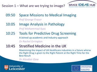 Session 1 – What are we trying to image?

  09:50 Space Missions to Medical Imaging
          Prof George Fraser
  10:05 Image Analysis in Pathology
          Prof Mohammad Ilyas
  10:25 Tools for Predictive Drug Screening
          A Joined up academic and Industry approach
          Dr Rachel Errington
  10:45 Stratified Medicine in the UK
          Maximising the impact of UK Healthcare industries in a future wherw
          the Right Drug is given to the Right Patient at the Right Time for the
          Best Result
          Dr Alasdair Gaw
 