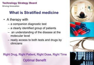 Driving Innovation


       What is Stratified medicine
 • A therapy with
     – a companion diagnostic test
     – a clearly identified group of patients
     – an understanding of the disease at the
       molecular level
     – ready access to both tests and drugs by
       clinicians


Right Drug, Right Patient, Right Dose, Right Time

                     Optimal Benefit
 
