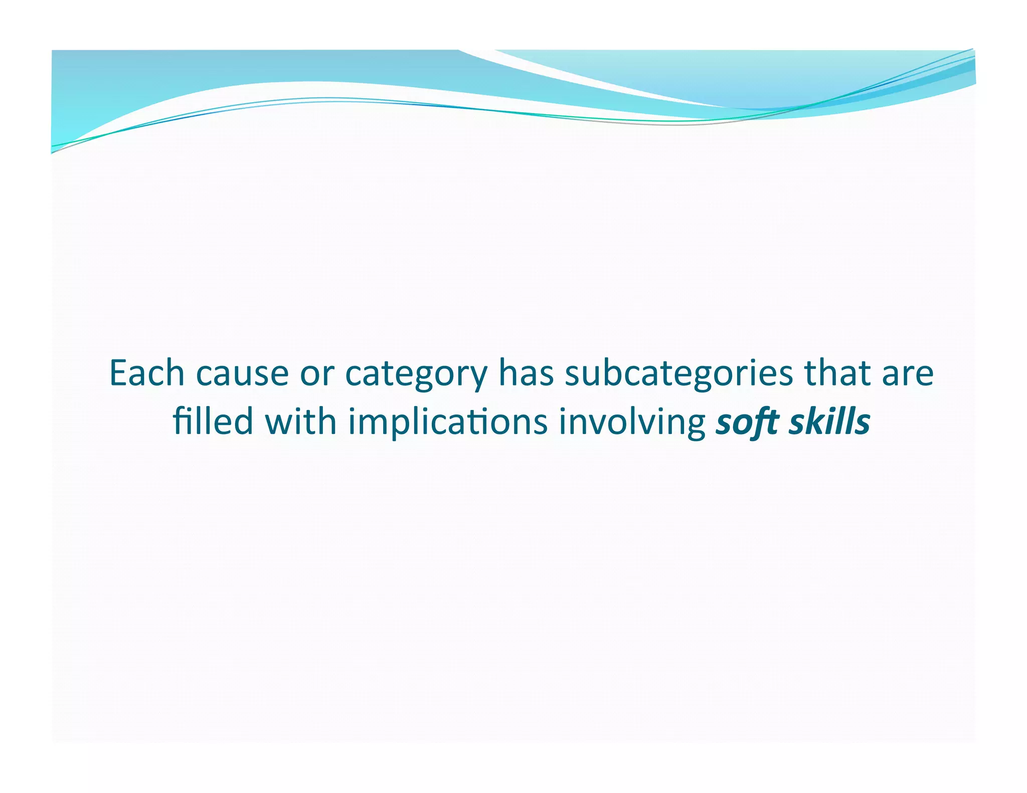 Each	
  cause	
  or	
  category	
  has	
  subcategories	
  that	
  are	
  
ﬁlled	
  with	
  implicaFons	
  involving	
  so0	
  skills	
  
 