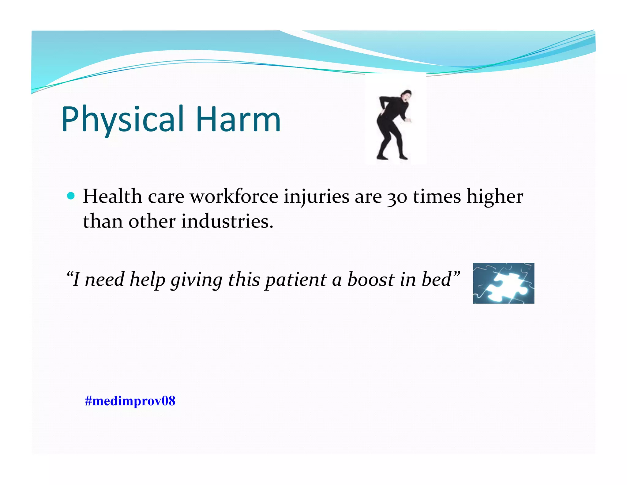 Physical	
  Harm	
  
  Health	
  care	
  workforce	
  injuries	
  are	
  30	
  times	
  higher	
  
than	
  other	
  industries.	
  
“I	
  need	
  help	
  giving	
  this	
  patient	
  a	
  boost	
  in	
  bed”	
  
#medimprov08
 