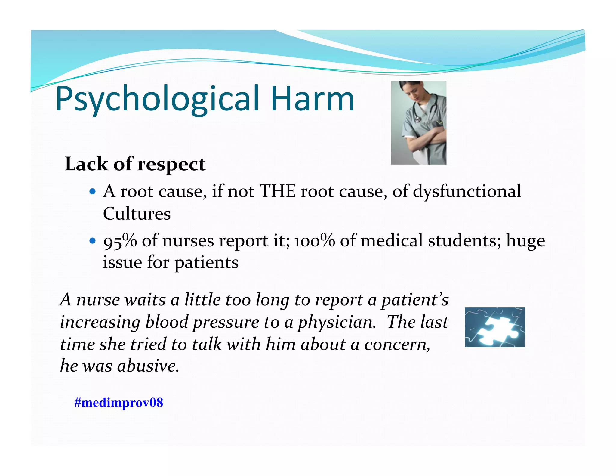 Psychological	
  Harm	
  
Lack	
  of	
  respect	
  	
  
  A	
  root	
  cause,	
  if	
  not	
  THE	
  root	
  cause,	
  of	
  dysfunctional	
  
Cultures	
  
  95%	
  of	
  nurses	
  report	
  it;	
  100%	
  of	
  medical	
  students;	
  huge	
  
issue	
  for	
  patients	
  
#medimprov08
A	
  nurse	
  waits	
  a	
  little	
  too	
  long	
  to	
  report	
  a	
  patient’s	
  
increasing	
  blood	
  pressure	
  to	
  a	
  physician.	
  	
  The	
  last	
  
time	
  she	
  tried	
  to	
  talk	
  with	
  him	
  about	
  a	
  concern,	
  
he	
  was	
  abusive.	
  	
  
 