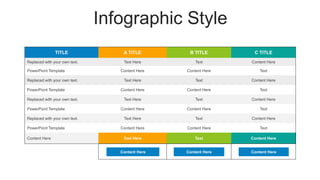 Infographic Style
TITLE A TITLE B TITLE C TITLE
Replaced with your own text. Text Here Text Content Here
PowerPiont Template Content Here Content Here Text
Replaced with your own text. Text Here Text Content Here
PowerPiont Template Content Here Content Here Text
Replaced with your own text. Text Here Text Content Here
PowerPiont Template Content Here Content Here Text
Replaced with your own text. Text Here Text Content Here
PowerPiont Template Content Here Content Here Text
Content Here Text Here Text Content Here
Content Here Content Here Content Here
 