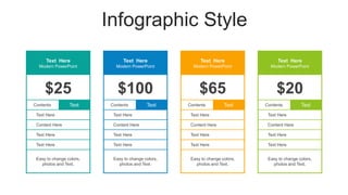 Infographic Style
Text Here
Modern PowerPoint
$25
Contents Text
Text Here
Content Here
Text Here
Text Here
Easy to change colors,
photos and Text.
Text Here
Modern PowerPoint
$100
Contents Text
Text Here
Content Here
Text Here
Text Here
Easy to change colors,
photos and Text.
Text Here
Modern PowerPoint
$65
Contents Text
Text Here
Content Here
Text Here
Text Here
Easy to change colors,
photos and Text.
Text Here
Modern PowerPoint
$20
Contents Text
Text Here
Content Here
Text Here
Text Here
Easy to change colors,
photos and Text.
 