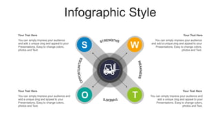 Infographic Style
You can simply impress your audience and
add a unique zing and appeal to your
Presentations. Easy to change colors,
photos and Text.
Your Text Here
You can simply impress your audience
and add a unique zing and appeal to your
Presentations. Easy to change colors,
photos and Text.
Your Text Here
You can simply impress your audience and
add a unique zing and appeal to your
Presentations. Easy to change colors,
photos and Text.
Your Text Here
You can simply impress your audience
and add a unique zing and appeal to your
Presentations. Easy to change colors,
photos and Text.
Your Text Here
S W
O T
 