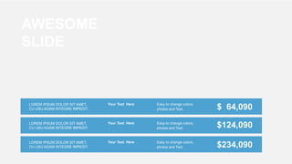 $ 64,090
$124,090
$234,090
Easy to change colors,
photos and Text.
Your Text Here
LOREM IPSUM DOLOR SIT AMET,
CU USU AGAM INTEGRE IMPEDIT.
Easy to change colors,
photos and Text.
Your Text Here
LOREM IPSUM DOLOR SIT AMET,
CU USU AGAM INTEGRE IMPEDIT.
Easy to change colors,
photos and Text.
Your Text Here
LOREM IPSUM DOLOR SIT AMET,
CU USU AGAM INTEGRE IMPEDIT.
AWESOME
SLIDE
 