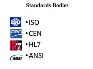 Standards Bodies
•ISO
•CEN
•HL7
•ANSI
 