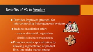 Benefits of V3 to Vendors 
 Provides improved protocol for 
interconnecting heterogeneous systems 
Reduces installation effort 
– reduces site-specific negotiations 
– simplifies interface programming 
Promotes vendor specialization by 
allowing segmentation of product 
lines into niche market spaces 
 