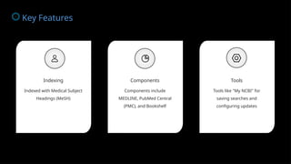 Indexing
Indexed with Medical Subject
Headings (MeSH)
Components
Components include
MEDLINE, PubMed Central
(PMC), and Bookshelf
Tools
Tools like "My NCBI" for
saving searches and
configuring updates
Key Features
 