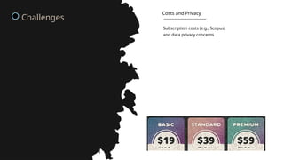 Subscription costs (e.g., Scopus)
and data privacy concerns
Costs and Privacy
Challenges
 