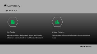 Key Points
Medical databases like PubMed, Scopus, and Google
Scholar are essential tools for healthcare and research
Unique Features
Each database offers unique features tailored to different
needs
Summary
 