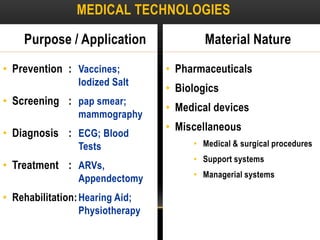 Purpose / Application
• Prevention : Vaccines;
Iodized Salt
• Screening : pap smear;
mammography
• Diagnosis : ECG; Blood
Tests
• Treatment : ARVs,
Appendectomy
• Rehabilitation:Hearing Aid;
Physiotherapy
MEDICAL TECHNOLOGIES
Material Nature
• Pharmaceuticals
• Biologics
• Medical devices
• Miscellaneous
• Medical & surgical procedures
• Support systems
• Managerial systems
 