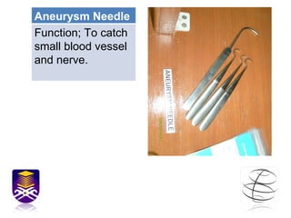 Aneurysm Needle Function; To catch small blood vessel and nerve. 