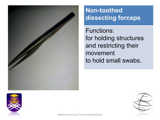 MARA University of Technology Malaysia Non-toothed dissecting forceps Functions : for holding structures and restricting their movement  to hold small swabs. 