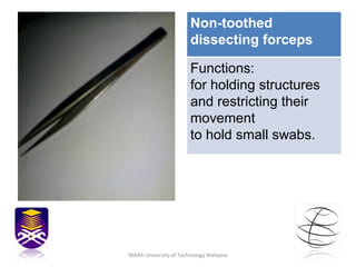 MARA University of Technology Malaysia Non-toothed dissecting forceps Functions : for holding structures and restricting t...