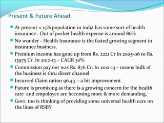 Present & Future Ahead
At present < 15% population in india has some sort of health
insurance . Out of pocket health expense is around 86%
No wonder - Health Insurance is the fasted growing segment in
insurance business.
Premium income has gone up from Rs. 2221 Cr in 2005-06 to Rs.
13975 Cr. In 2012-13 – CAGR 30%
Commission pay out was Rs. 876 Cr. In 2012-13 – means bulk of
the business is thru direct channel
Incurred Claim ration 96.43 - a bit improvement
Future is promising as there is a growing concern for the health
care and empoloyee are becoming more & more demanding.
Govt. too is thinking of providing some universal health care on
the lines of RSBY
 