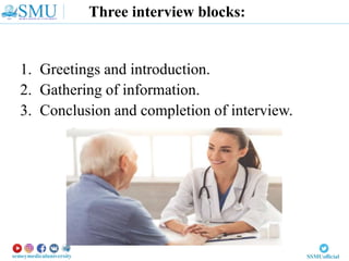 Three interview blocks:
1. Greetings and introduction.
2. Gathering of information.
3. Conclusion and completion of interview.
 