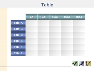 Table Title  D Title  C Title  F Title  E Title  B Title  A TEXT TEXT TEXT TEXT TEXT 