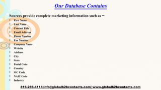 Our Database Contains
Sources provide complete marketing information such as –
• First Name
• Last Name
• Contact Title
• Email Address
• Phone Number
• Fax Number
• Company Name
• Website
• Address
• City
• State
• Postal Code
• Country
• SIC Code
• NAIC Code
• Industry
816-286-4114|info@globalb2bcontacts.com| www.globalb2bcontacts.com
 