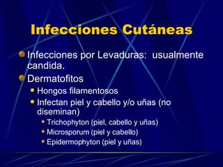 Infecciones Cutáneas Infecciones por Levaduras:  usualmente candida. Dermatofitos Hongos filamentosos Infectan piel y cabello y/o uñas (no diseminan) Trichophyton (piel, cabello y uñas) Microsporum (piel y cabello) Epidermophyton (piel y uñas) 