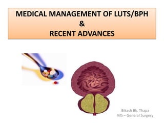 MEDICAL MANAGEMENT OF LUTS/BPH 
& 
RECENT ADVANCES 
Bikash Bk. Thapa 
MS – General Surgery 
 