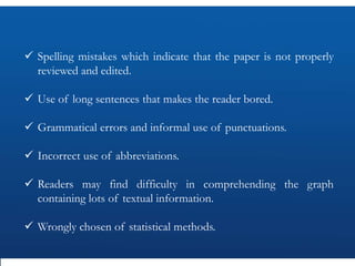  Spelling mistakes which indicate that the paper is not properly
reviewed and edited.
 Use of long sentences that makes the reader bored.
 Grammatical errors and informal use of punctuations.
 Incorrect use of abbreviations.
 Readers may find difficulty in comprehending the graph
containing lots of textual information.
 Wrongly chosen of statistical methods.
 