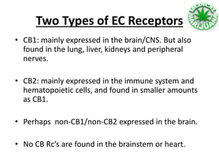 • CB1: mainly expressed in the brain/CNS. But also
found in the lung, liver, kidneys and peripheral
nerves.
• CB2: mainly expressed in the immune system and
hematopoietic cells, and found in smaller amounts
as CB1.
• Perhaps non-CB1/non-CB2 expressed in the brain.
• No CB Rc’s are found in the brainstem or heart.
Two Types of EC Receptors
 