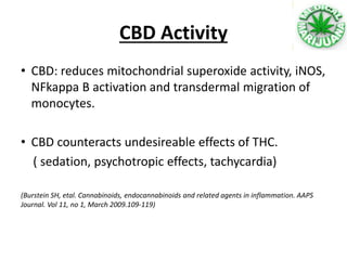 • CBD: reduces mitochondrial superoxide activity, iNOS,
NFkappa B activation and transdermal migration of
monocytes.
• CBD counteracts undesireable effects of THC.
( sedation, psychotropic effects, tachycardia)
(Burstein SH, etal. Cannabinoids, endocannabinoids and related agents in inflammation. AAPS
Journal. Vol 11, no 1, March 2009.109-119)
CBD Activity
 