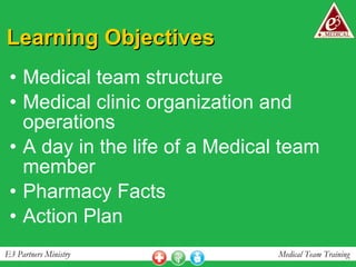 Learning Objectives Medical team structure Medical clinic organization and operations A day in the life of a Medical team member Pharmacy Facts Action Plan 