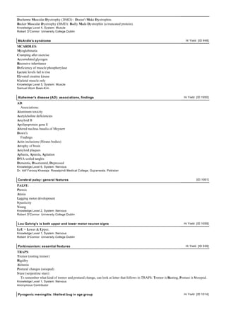 Duchenne Muscular Dystrophy (DMD) : Doesn't Make Dystrophin.
Becker Muscular Dystrophy (BMD): Badly Made Dystrophin (a truncated protein).
Knowledge Level 4, System: Muscle
Robert O'Connor University College Dublin


McArdle's syndrome                                                                                                       Hi Yield [ID 948]

MCARDLES:
Myoglobinuria
Cramping after exercise
Accumulated glycogen
Recessive inheritance
Deficiency of muscle phosphorylase
Lactate levels fail to rise
Elevated creatine kinase
S keletal muscle only
Knowledge Level 5, System: Muscle
Samuel Atom Baek-Kim


Alzheimer's disease (AD): associations, findings                                                                        Hi Yield [ID 1950]

AD:
  Associations:
Aluminum toxicity
Acetylcholine deficiencies
Amyloid B
Apolipoprotein gene E
Altered nucleus basalis of Meynert
Down's
  Findings:
Actin inclusions (Hirano bodies)
Atrophy of brain
Amyloid plaques
Aphasia, Apraxia, Agitation
DNA-coiled tangles
Dementia, Disoriented, Depressed
Knowledge Level 6, System: Nervous
Dr. Atif Farooq Khawaja Rawalpindi Medical College, Gujranwala, Pakistan


Cerebral palsy: general features                                                                                                 [ID 1061]

PALSY:
Paresis
Ataxia
Lagging motor development
S pasticity
Young
Knowledge Level 2, System: Nervous
Robert O'Connor University College Dublin


Lou Gehrig's is both upper and lower motor neuron signs                                                                 Hi Yield [ID 1059]

LoU = Lower & Upper.
Knowledge Level 1, System: Nervous
Robert O'Connor University College Dublin


Parkinsonism: essential features                                                                                         Hi Yield [ID 539]

TRAPS:
Tremor (resting tremor)
Rigidity
Akinesia
Postural changes (stooped)
S tare (serpentine stare)
   To remember what kind of tremor and postural change, can look at letter that follows in TRAPS: Tremor is Resting, Posture is S tooped.
Knowledge Level 1, System: Nervous
Anonymous Contributor


Pyrogenic meningitis: likeliest bug in age group                                                                        Hi Yield [ID 1014]
 